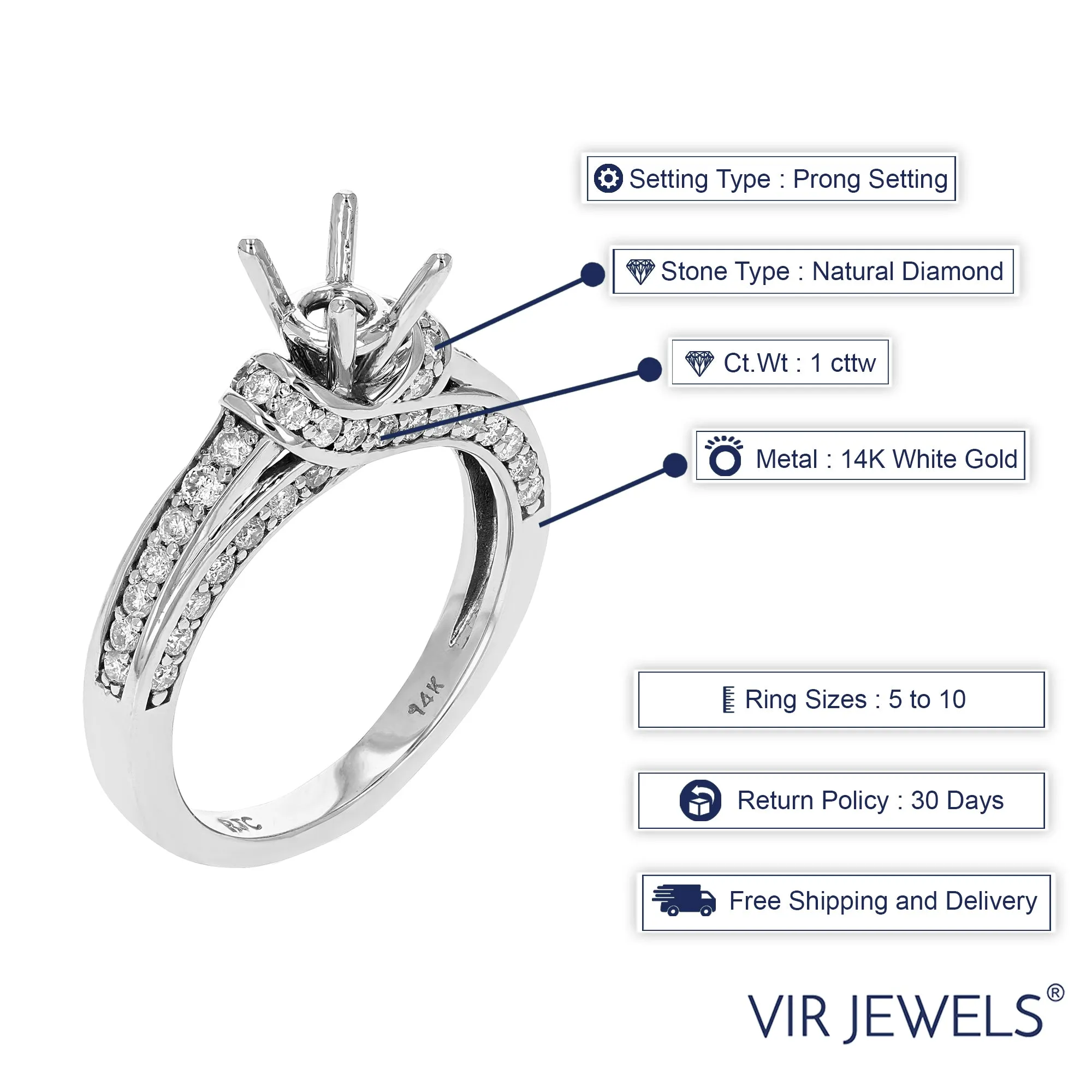 1 cttw Semi Mount Diamond Engagement Ring 14K White Gold Round Bridal
