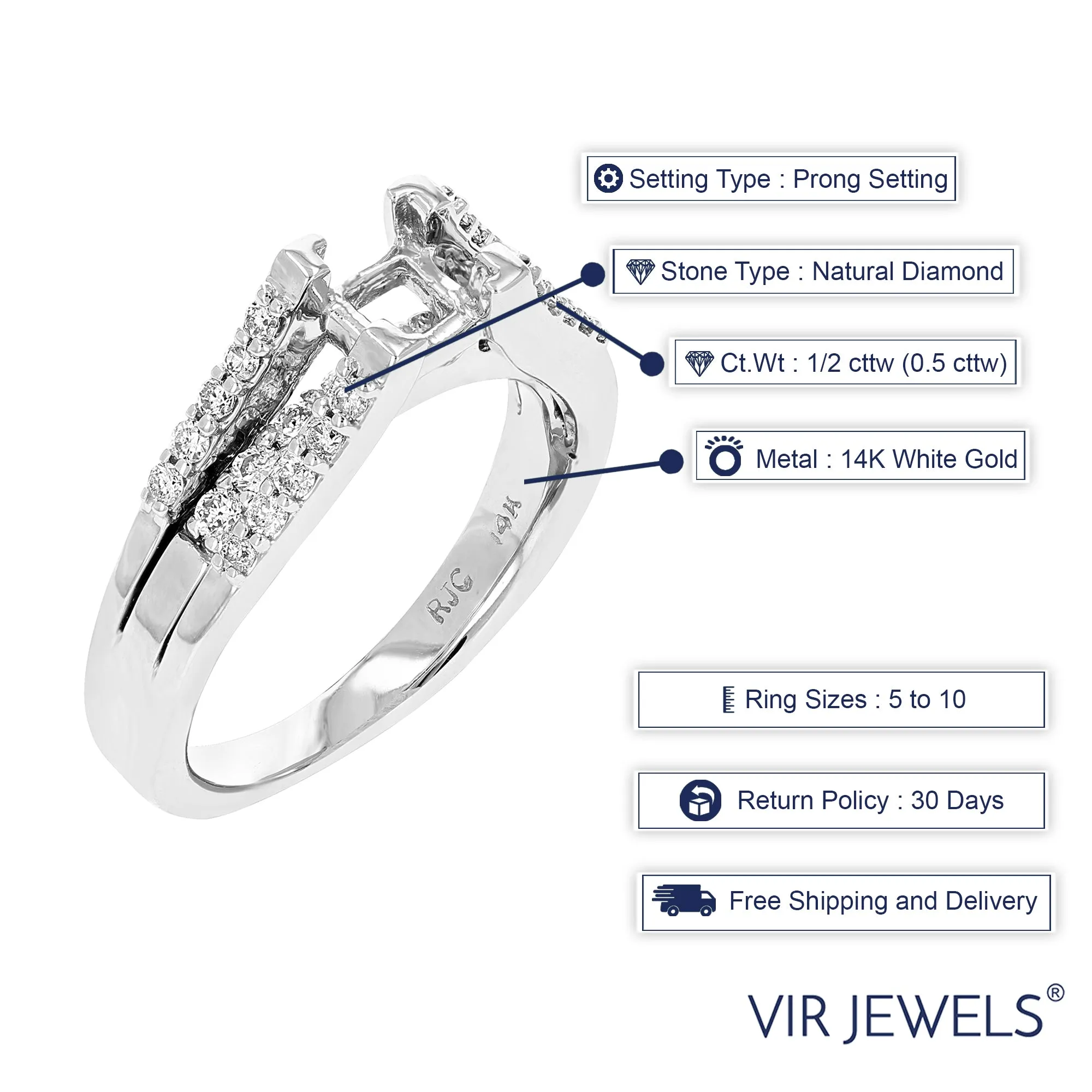 1/2 cttw Semi Mount Diamond Engagement Ring 14K White Gold Princess
