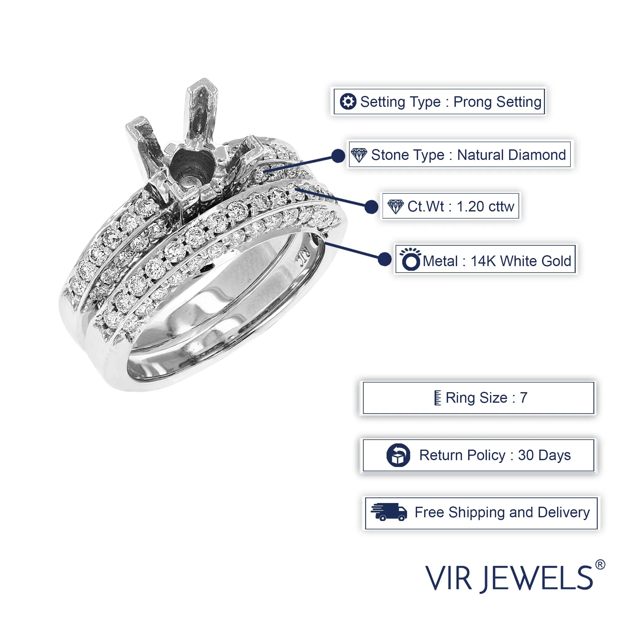 1.20 cttw Semi Mount Diamond Wedding Bridal Set 14K White Gold Round