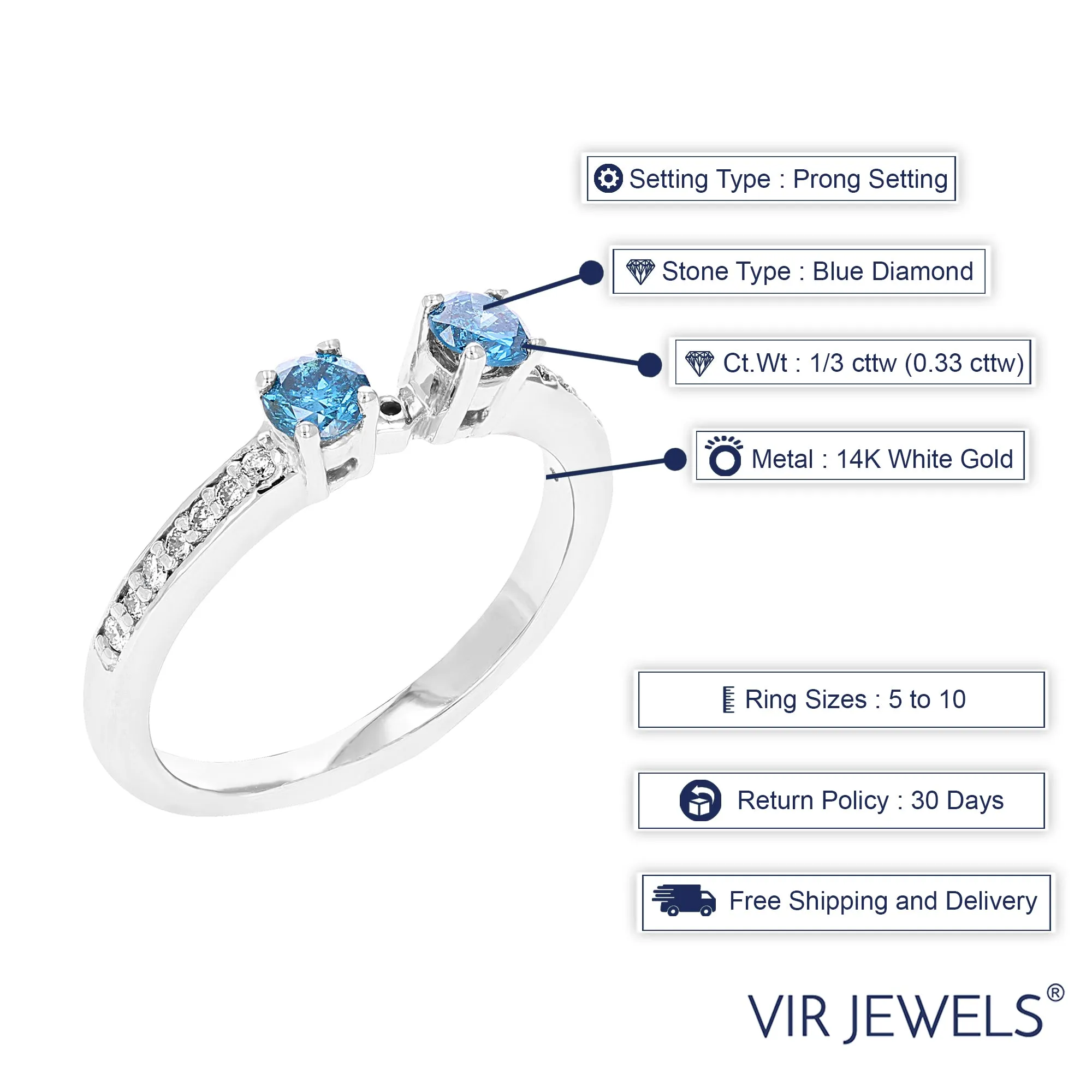 1/3 cttw Semi Mount Blue and White Diamond Engagement Ring 14K White Gold