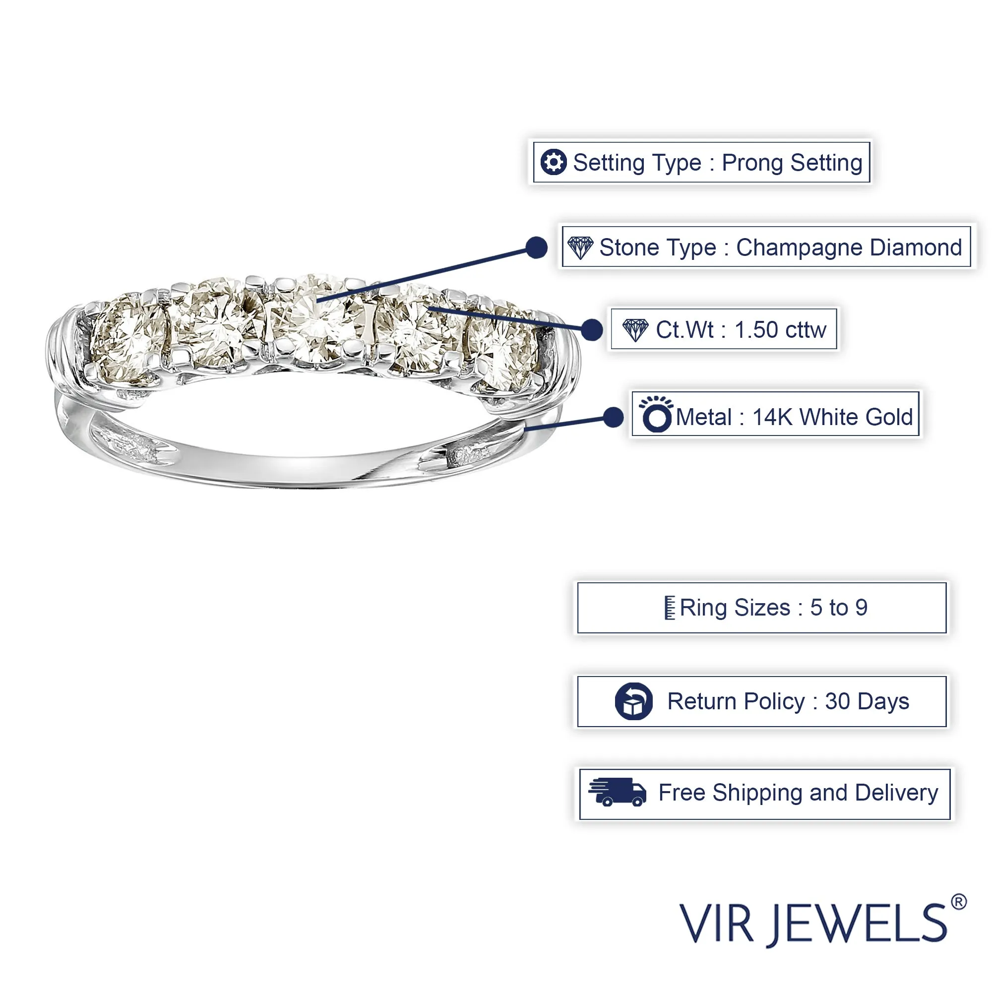 1.50 cttw 5 Stone Diamond Wedding Engagement Ring 14K White Gold Round