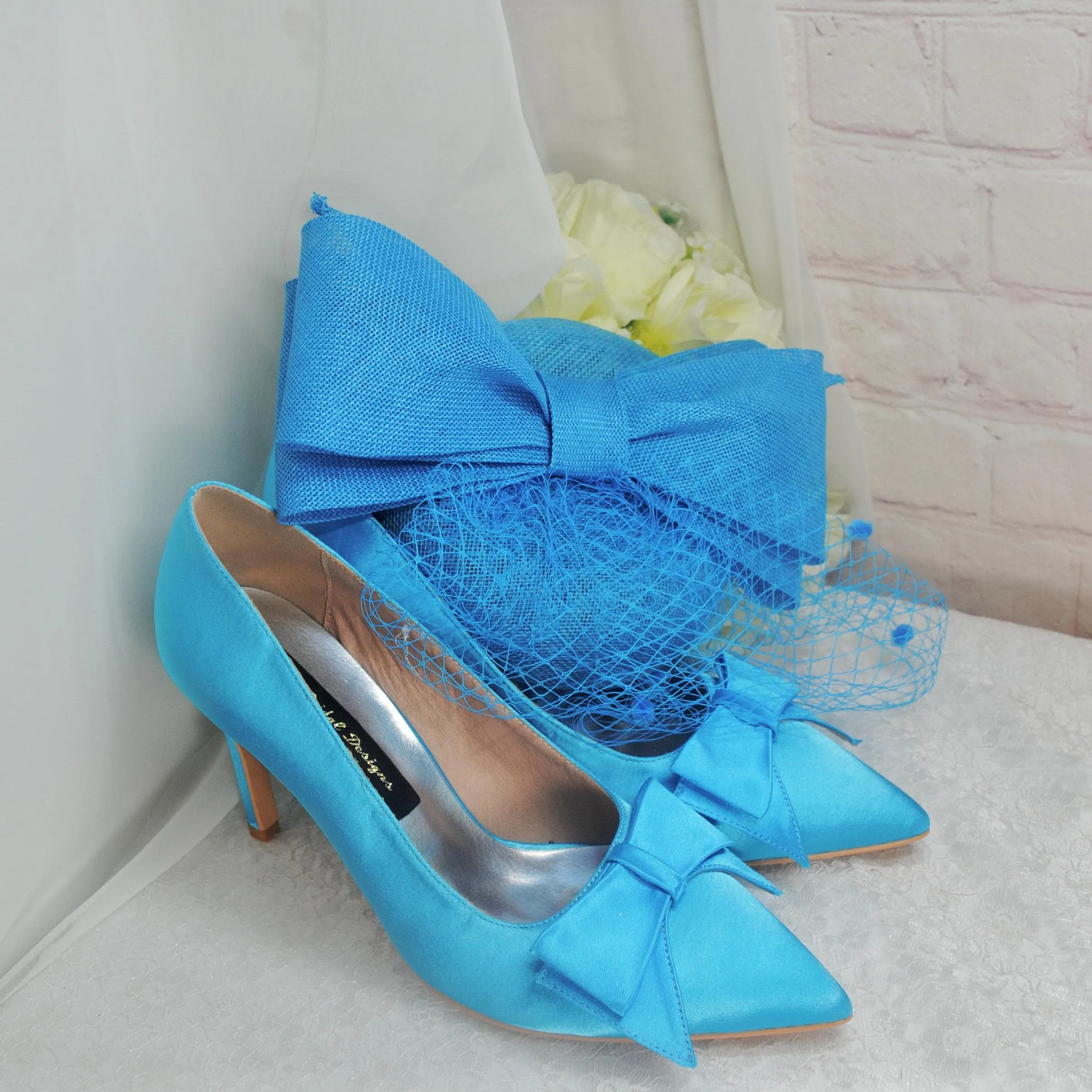 Aqua Blue Satin Heels  & Matching Fascinator