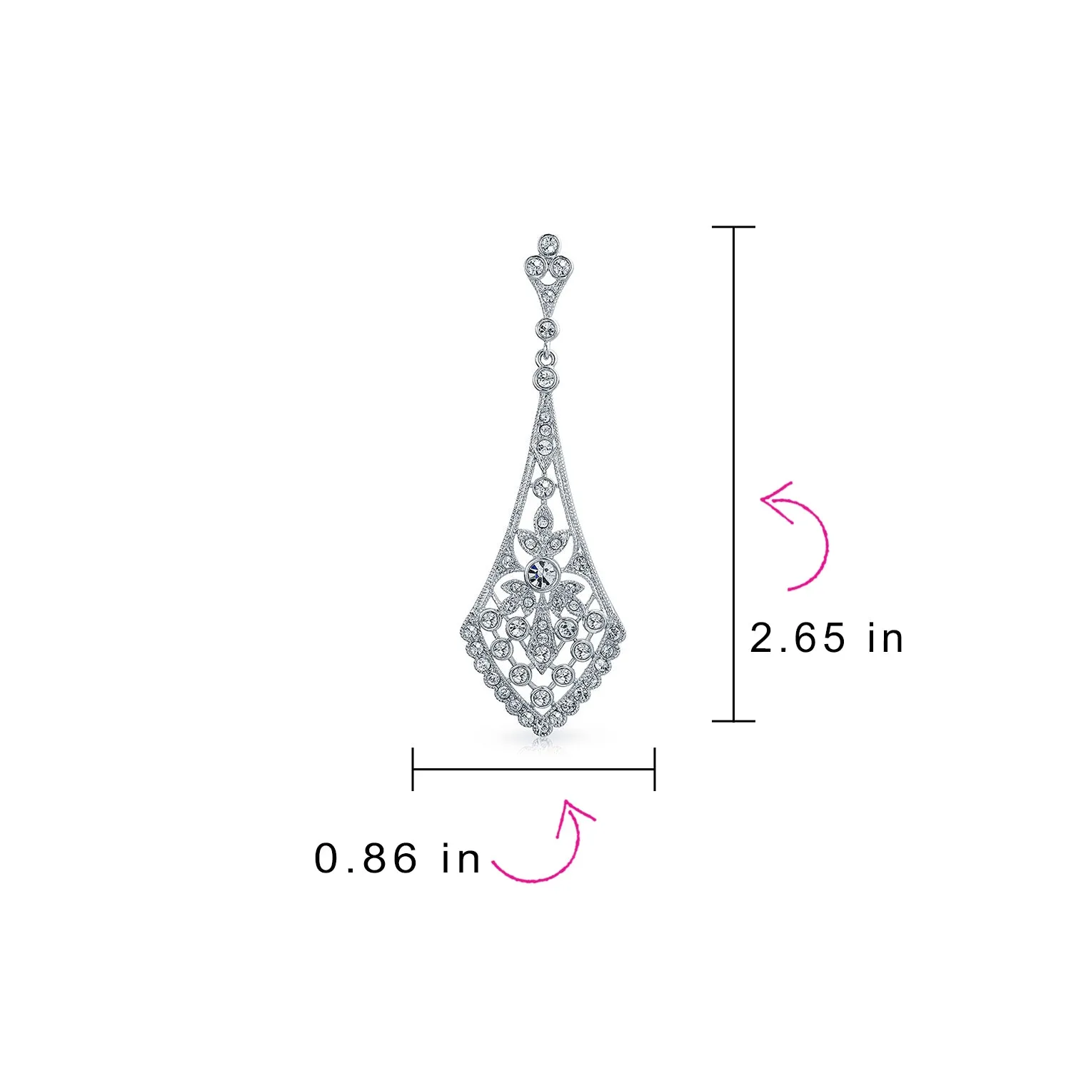 Art Deco Fan Teardrop Crystal Dangle Chandelier Earrings Silver Plated Brass