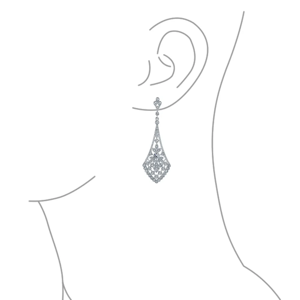 Art Deco Fan Teardrop Crystal Dangle Chandelier Earrings Silver Plated Brass