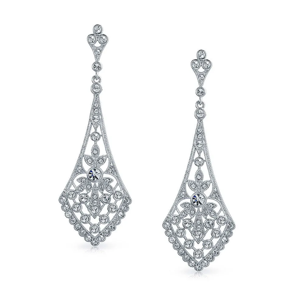 Art Deco Fan Teardrop Crystal Dangle Chandelier Earrings Silver Plated Brass