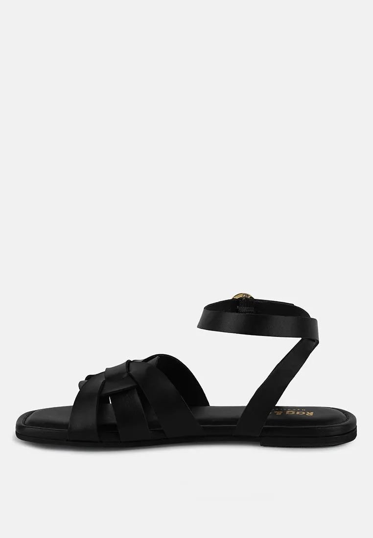 ASHTON Black Flat Ankle Strap Sandals