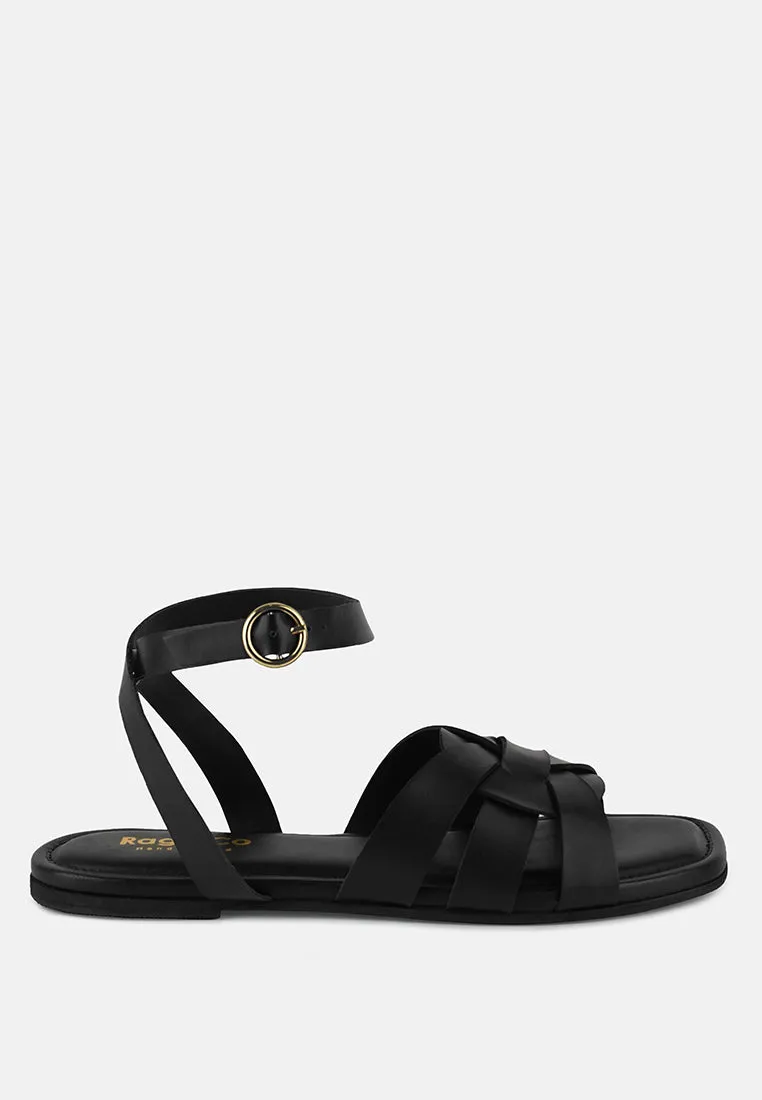 ASHTON Black Flat Ankle Strap Sandals