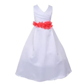 Big Girls White Coral Flower Sash Full Bridal Junior Bridesmaid Dress 16
