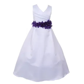 Big Girls White Purple Flower Sash Full Bridal Junior Bridesmaid Dress 16