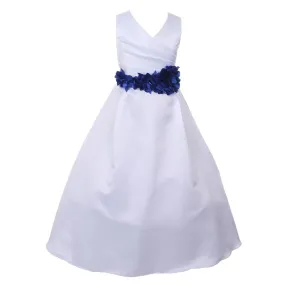 Big Girls White Royal Blue Flower Sash Full Bridal Junior Bridesmaid Dress 16