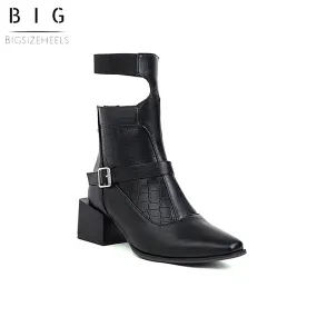 Bigsizeheels Asxl magazine square toe leather ankle boots - Black