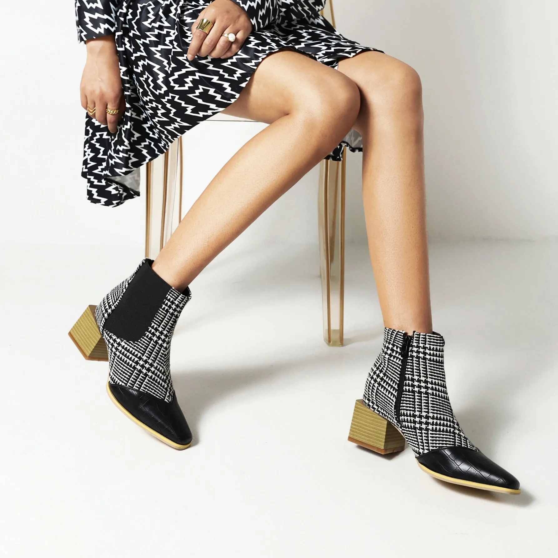 Bigsizeheels Elastic square heel ankle boots - Houndstooth