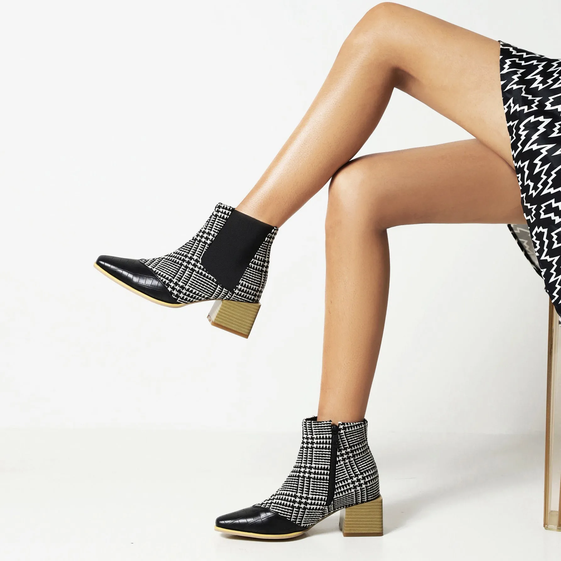 Bigsizeheels Elastic square heel ankle boots - Houndstooth