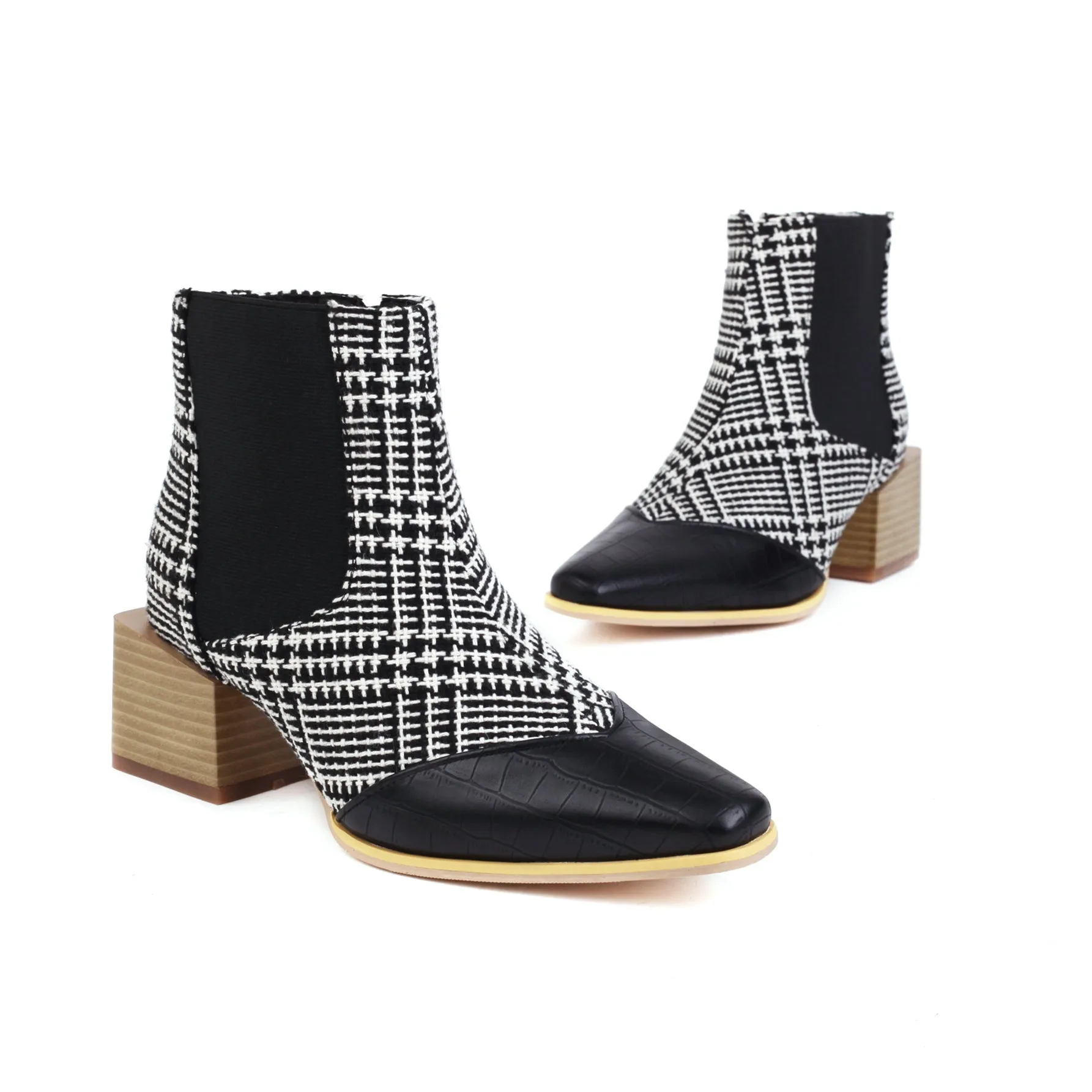 Bigsizeheels Elastic square heel ankle boots - Houndstooth