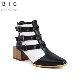 Bigsizeheels Fashion pointed square heel ankle boots - Black&White