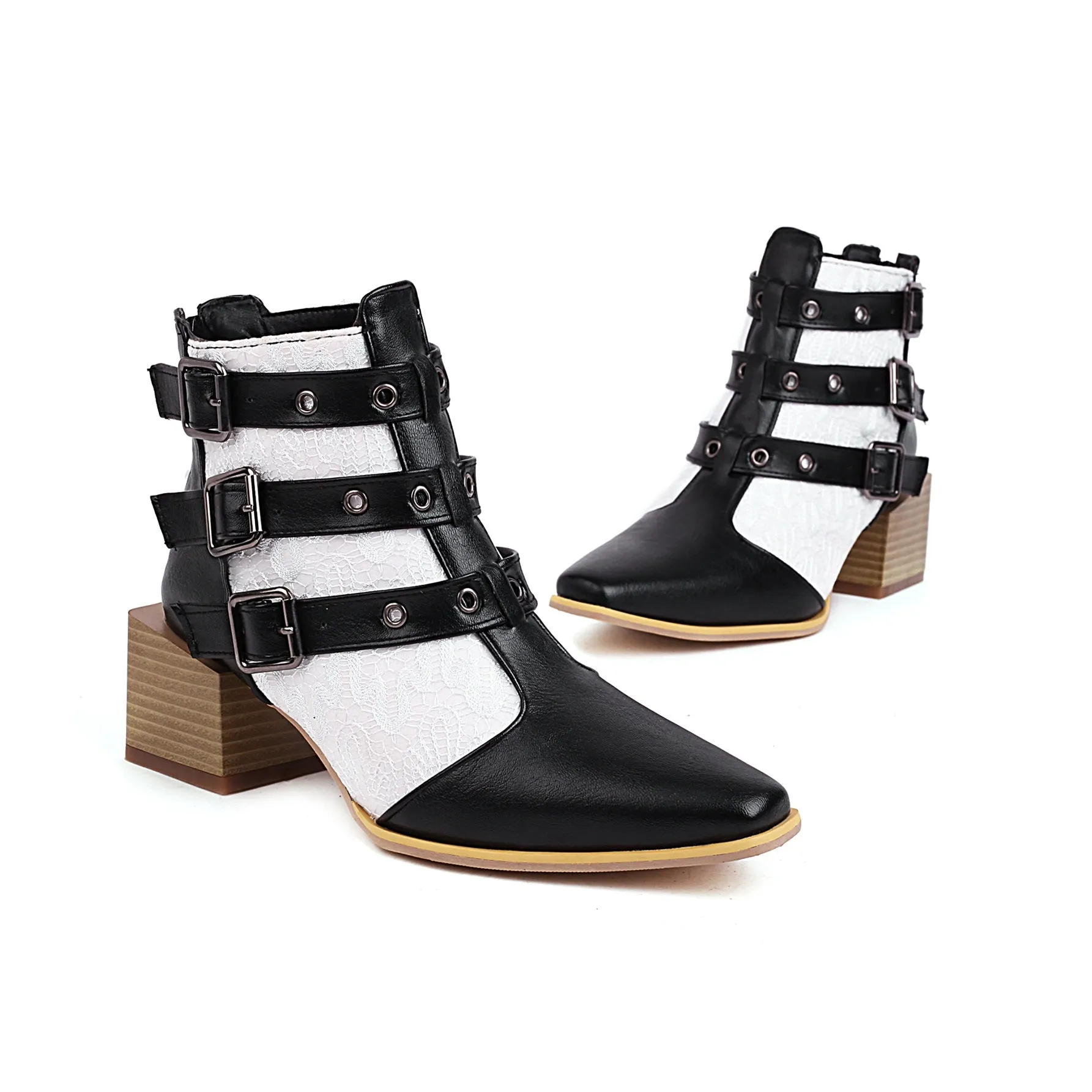 Bigsizeheels Fashion pointed square heel ankle boots - Black&White