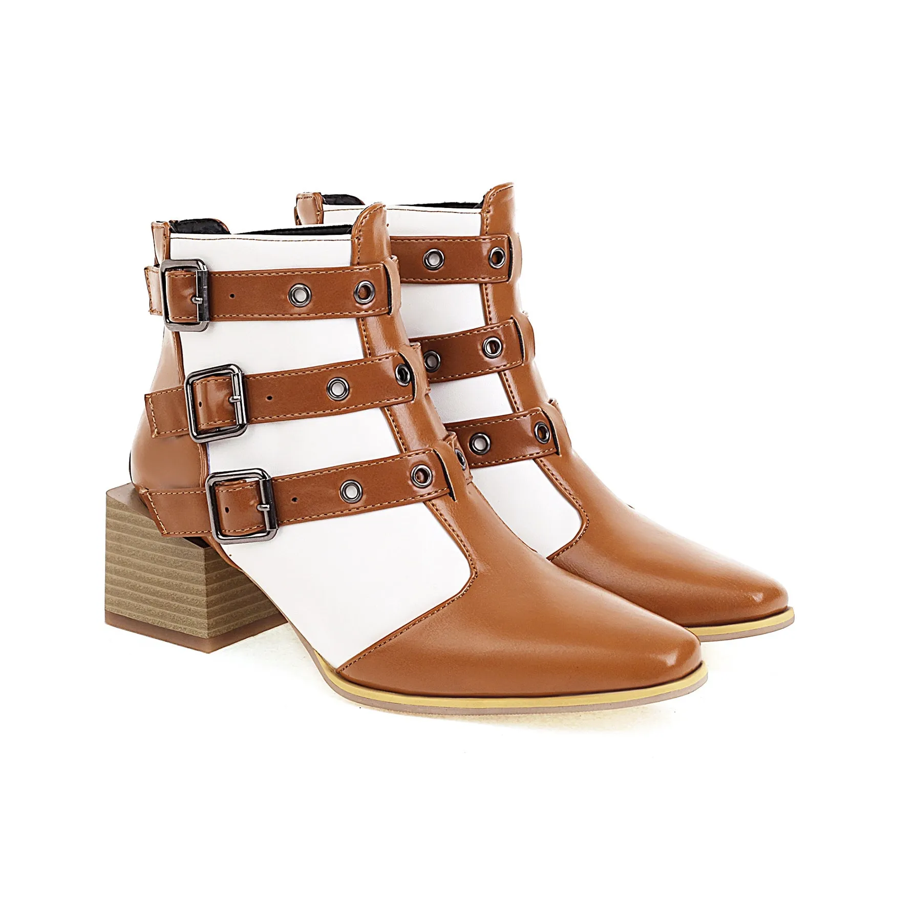 Bigsizeheels Fashion pointed square heel ankle boots - Brown/White