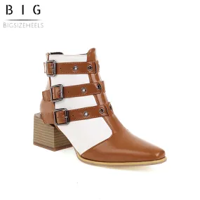 Bigsizeheels Fashion pointed square heel ankle boots - Brown/White