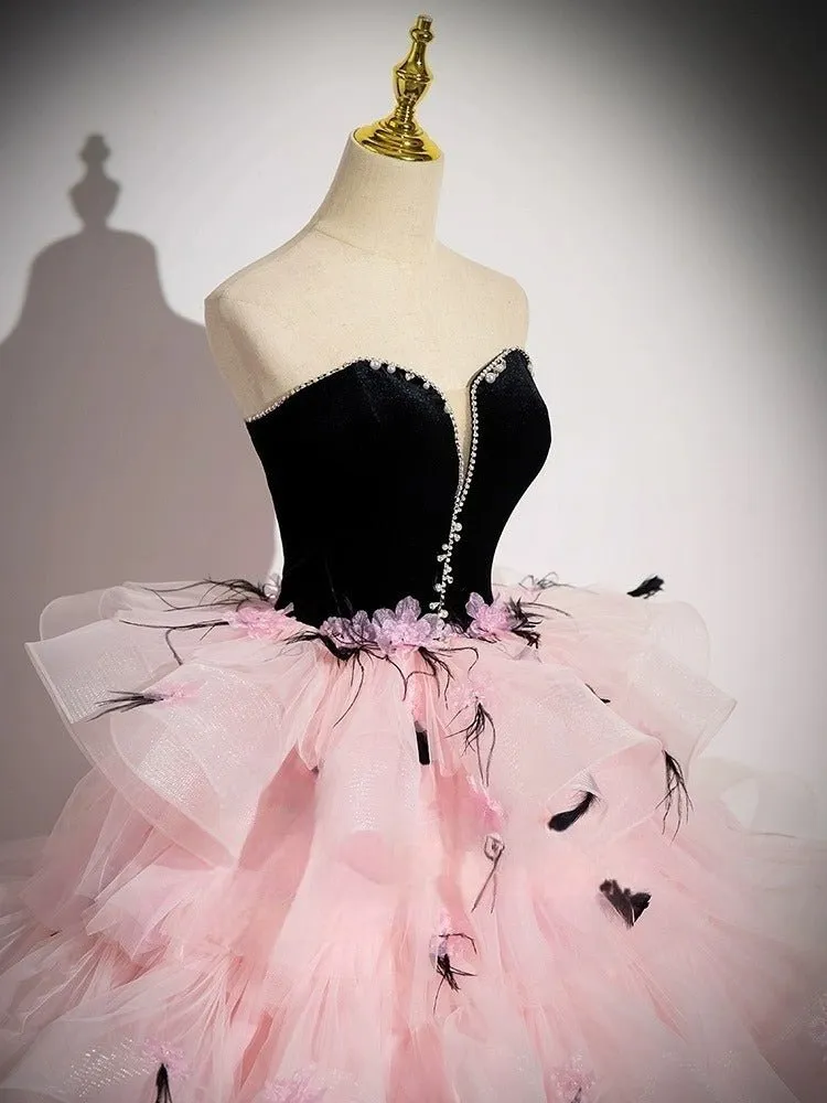 Black and Pink Tulle Party Dress with Floral Accents - Pink Evening Gown Plus Size