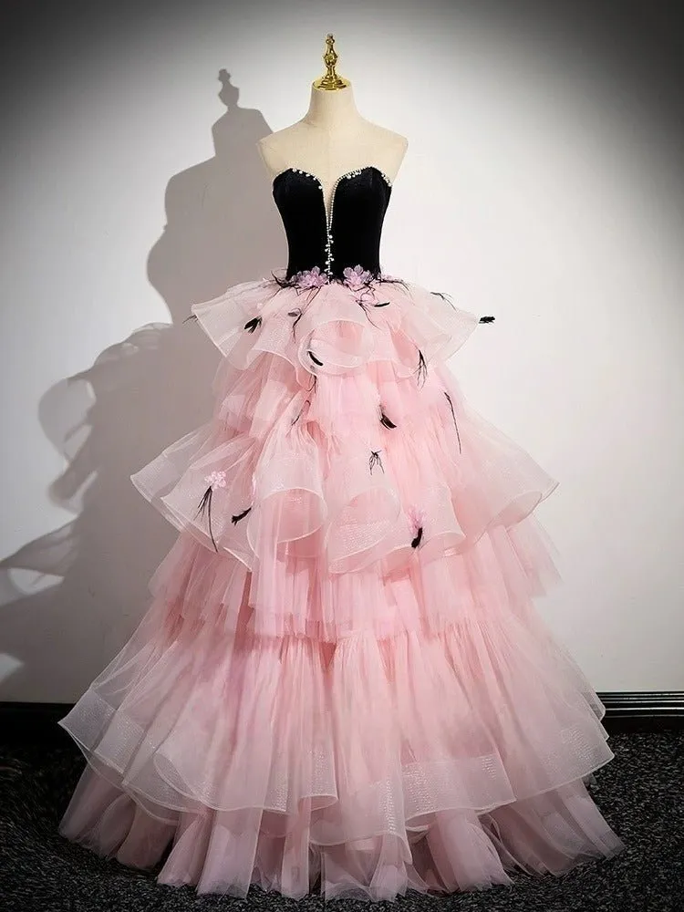 Black and Pink Tulle Party Dress with Floral Accents - Pink Evening Gown Plus Size