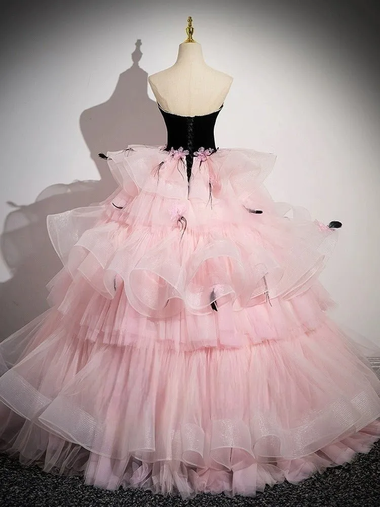 Black and Pink Tulle Party Dress with Floral Accents - Pink Evening Gown Plus Size