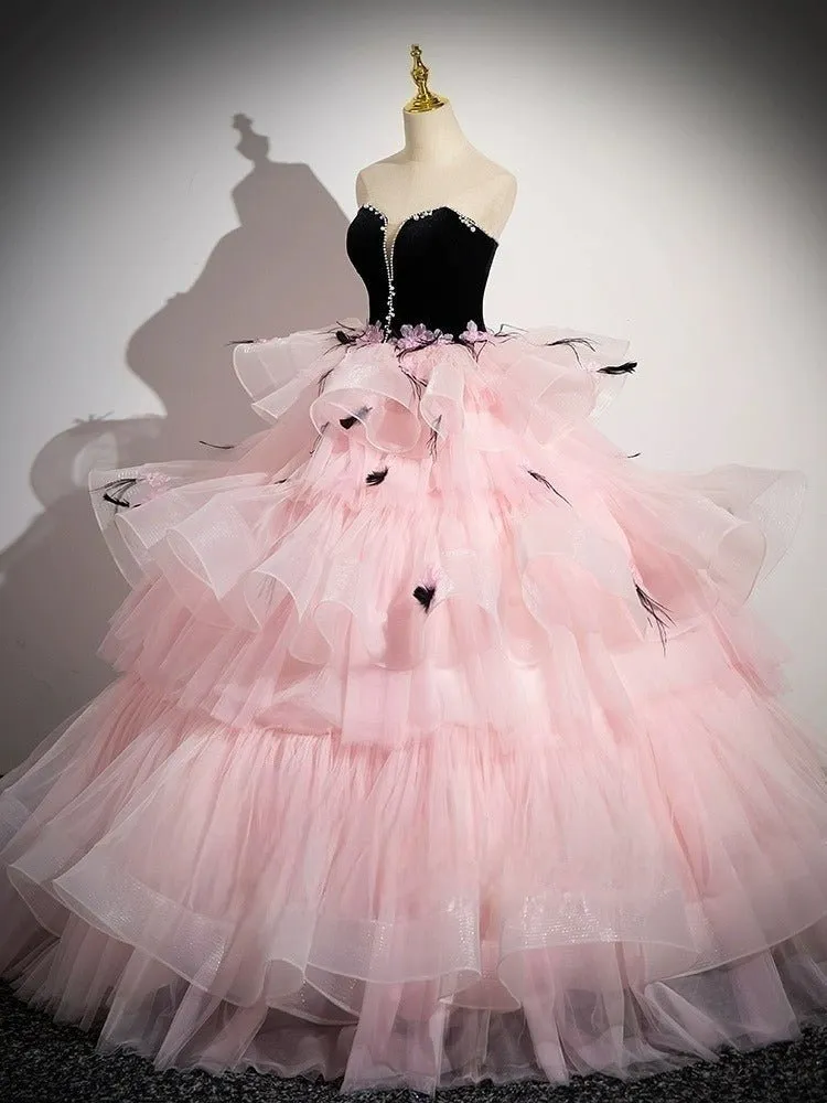 Black and Pink Tulle Party Dress with Floral Accents - Pink Evening Gown Plus Size
