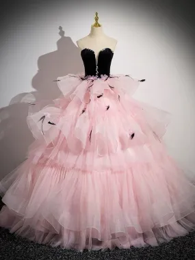 Black and Pink Tulle Party Dress with Floral Accents - Pink Evening Gown Plus Size