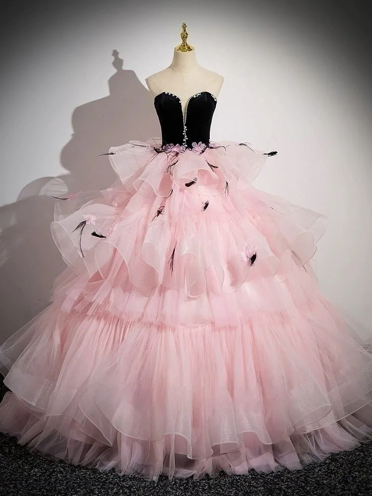 Black and Pink Tulle Party Dress with Floral Accents - Pink Evening Gown Plus Size