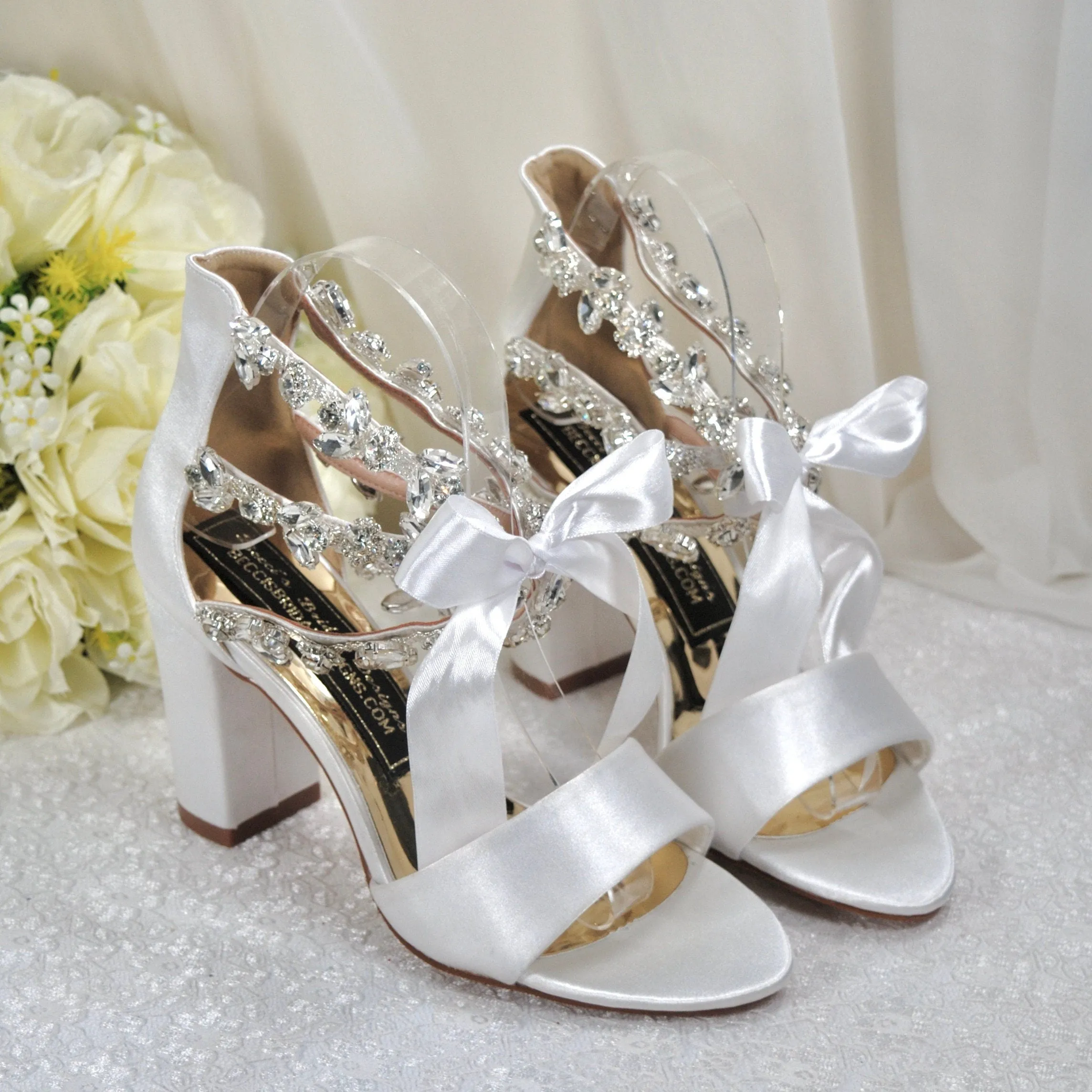 Block Heel Wedding Shoes with Crystal Ankle Strap Size UK5/US7.5