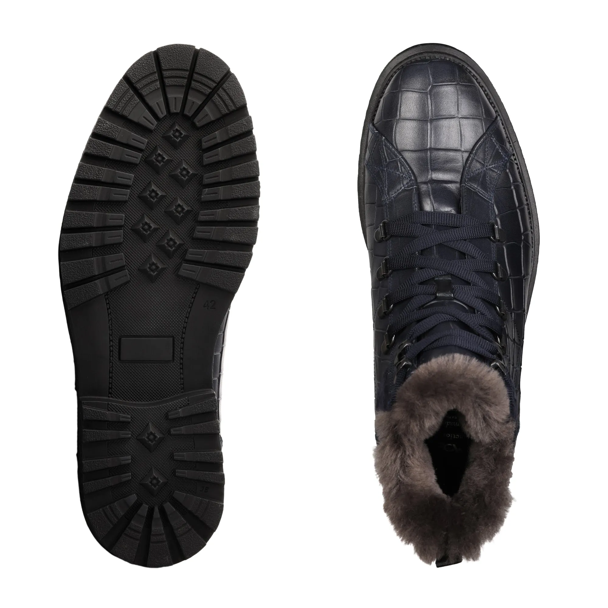 Blue Winter Crocodile-Embossed Leather Boots with Fur Lining
