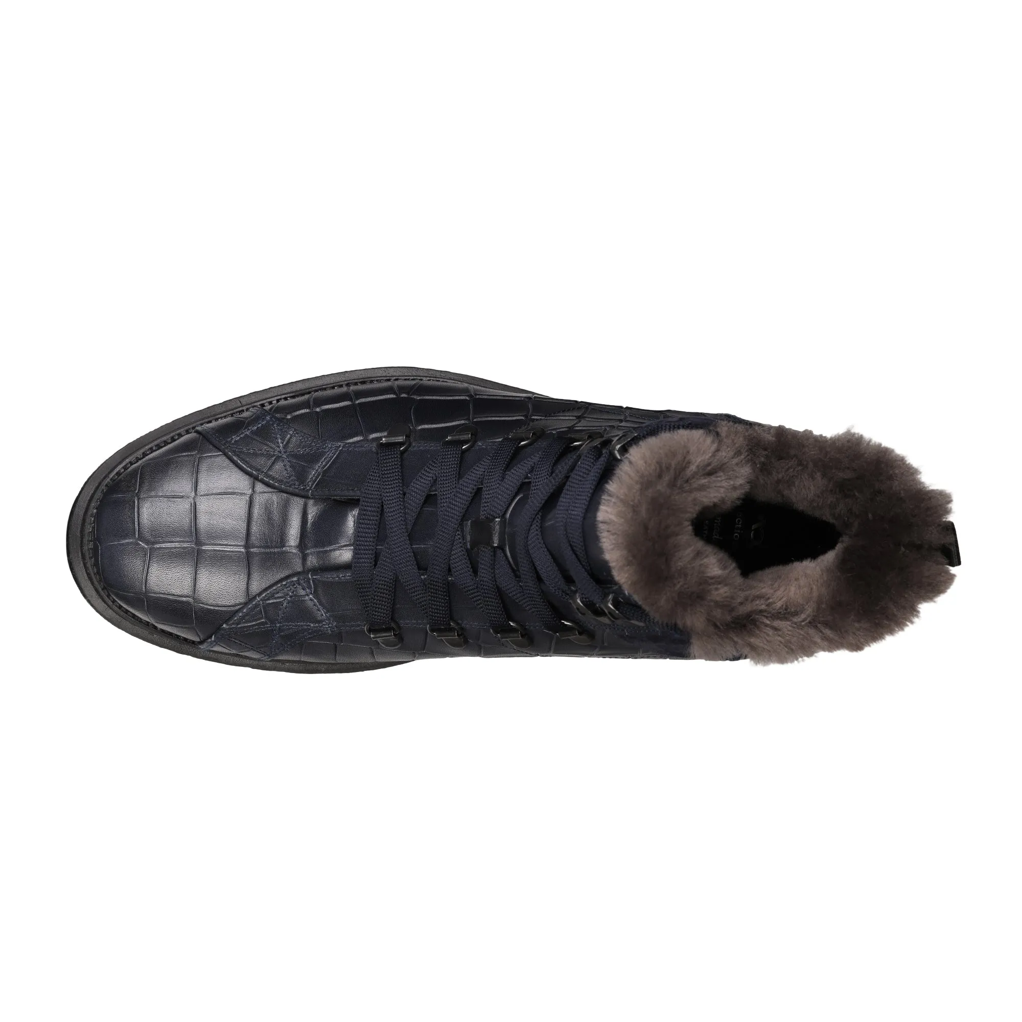 Blue Winter Crocodile-Embossed Leather Boots with Fur Lining