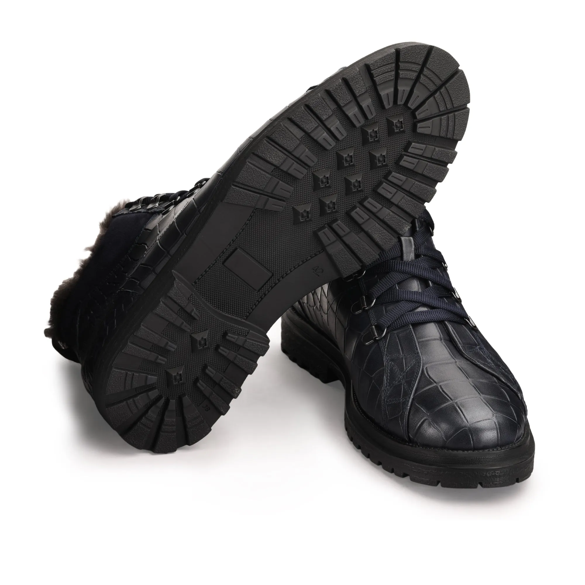 Blue Winter Crocodile-Embossed Leather Boots with Fur Lining