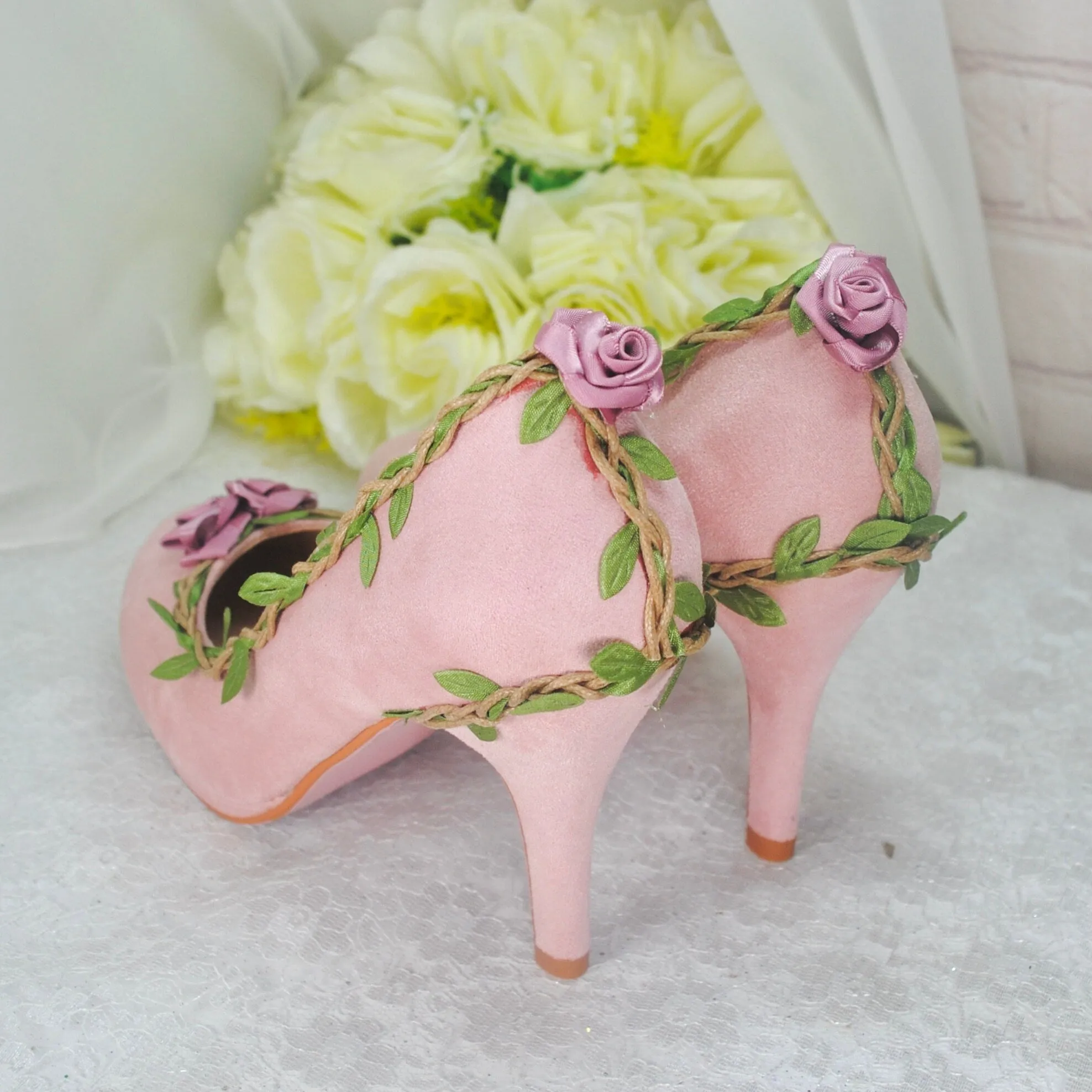 Blush Pink Suede Wedding Sandals with Rose Details- UK3/US5.5
