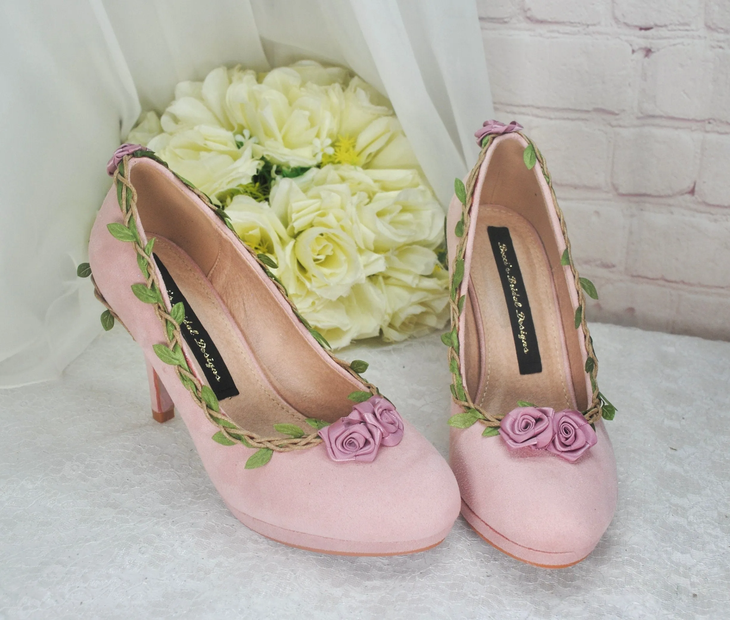 Blush Pink Suede Wedding Sandals with Rose Details- UK3/US5.5