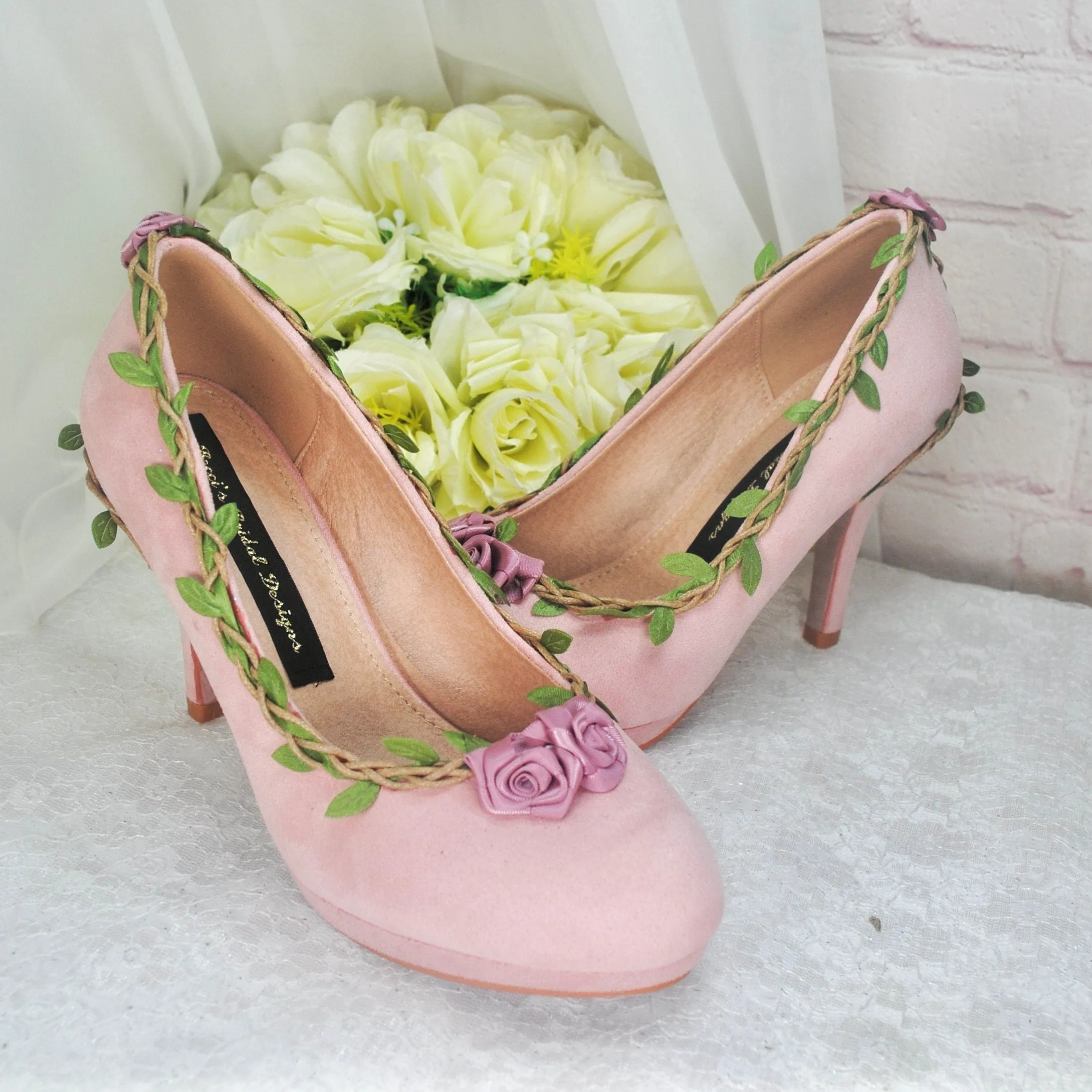 Blush Pink Suede Wedding Sandals with Rose Details- UK3/US5.5