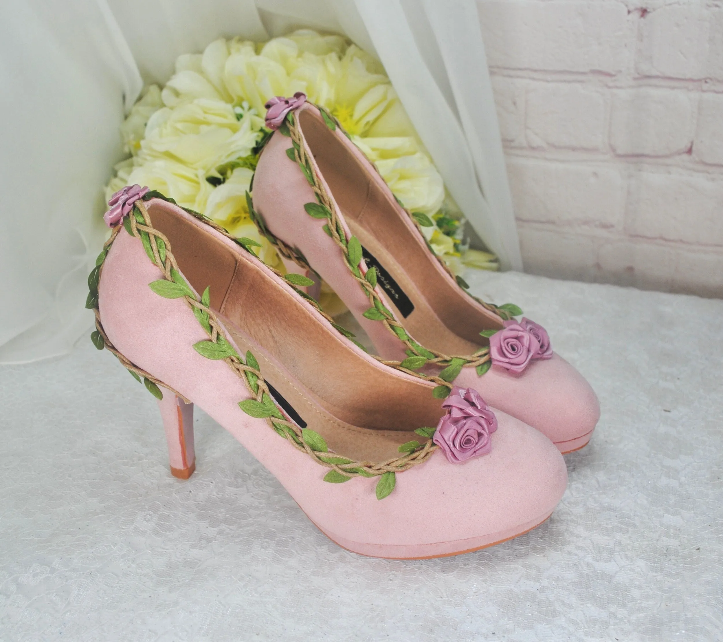 Blush Pink Suede Wedding Sandals with Rose Details- UK3/US5.5