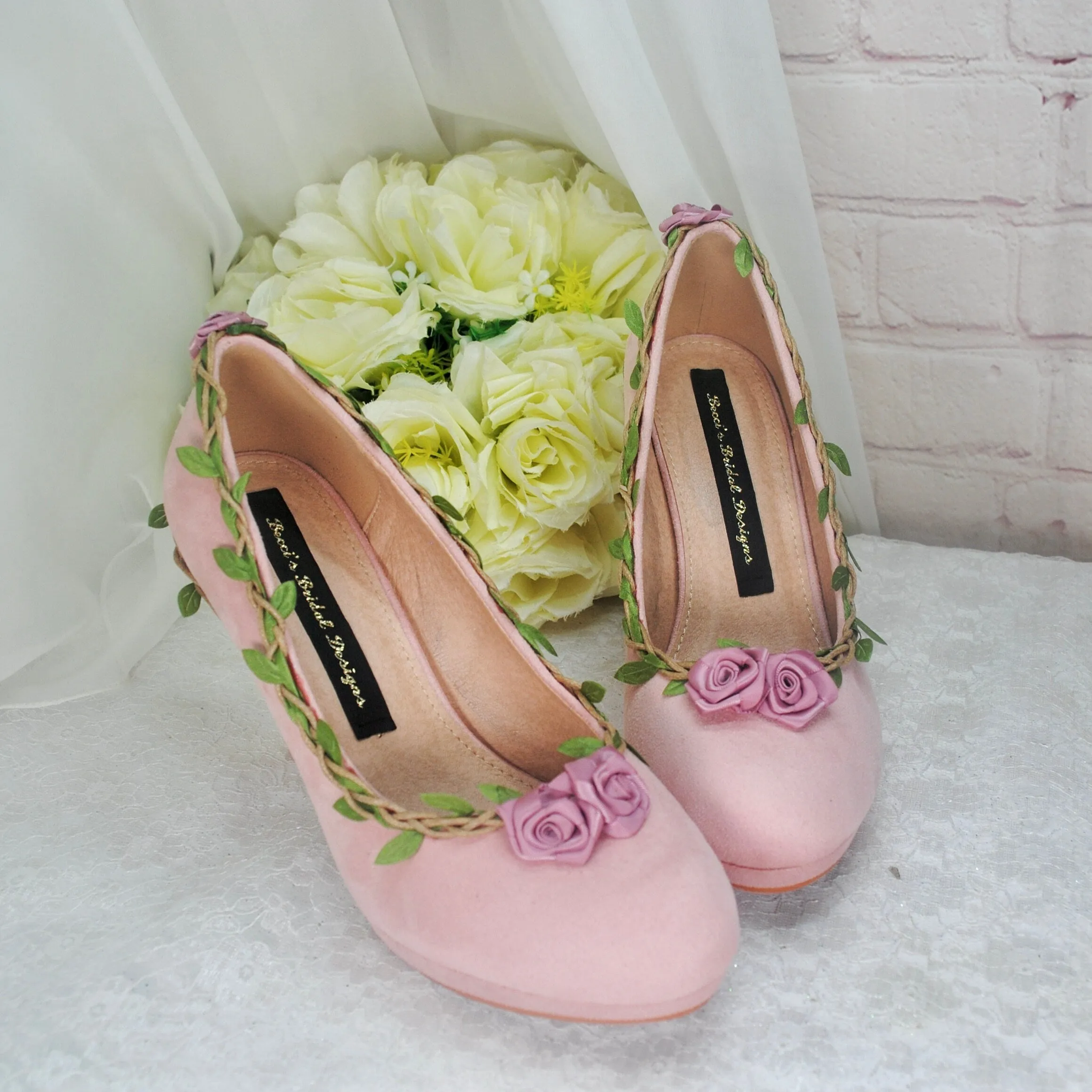 Blush Pink Suede Wedding Sandals with Rose Details- UK3/US5.5