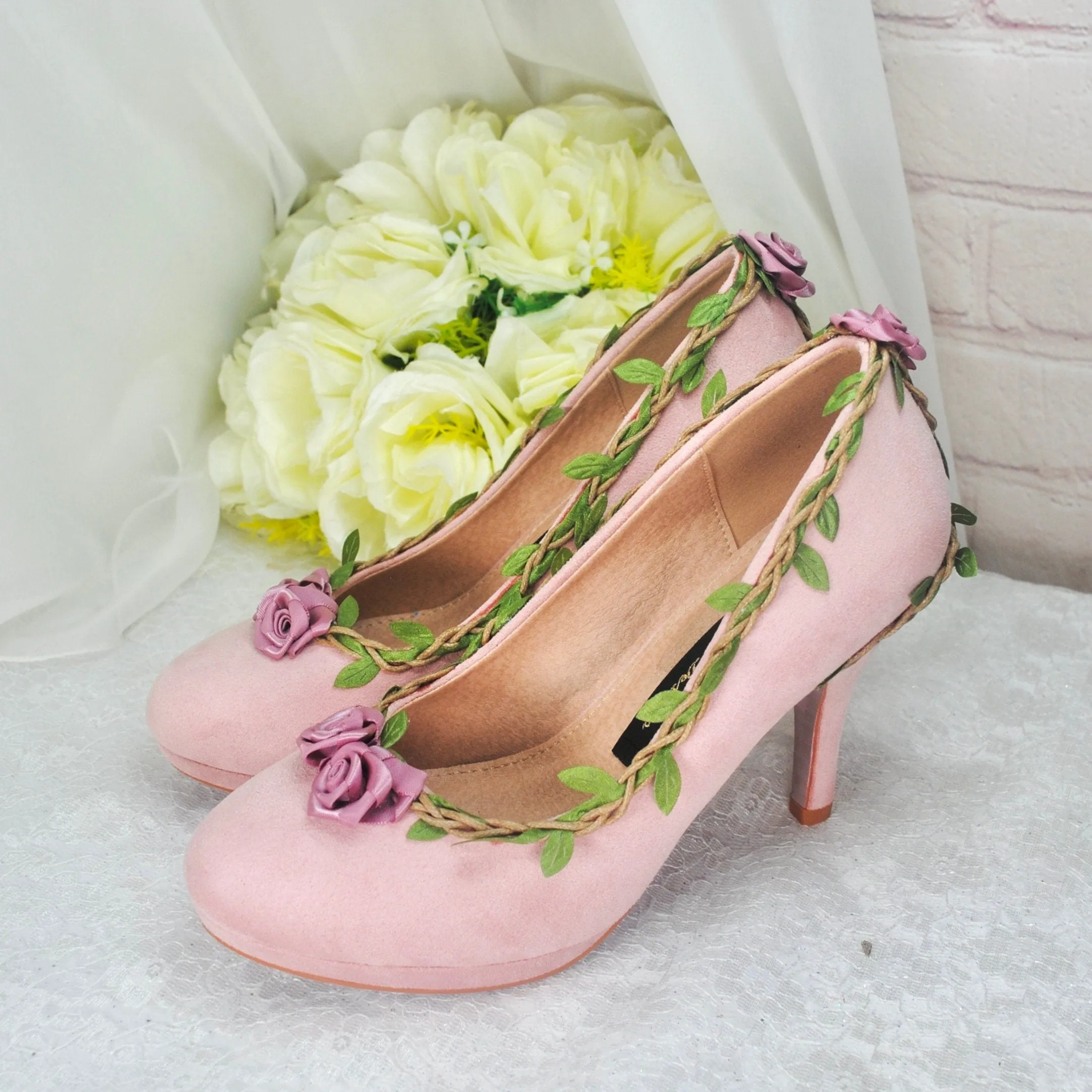 Blush Pink Suede Wedding Sandals with Rose Details- UK3/US5.5
