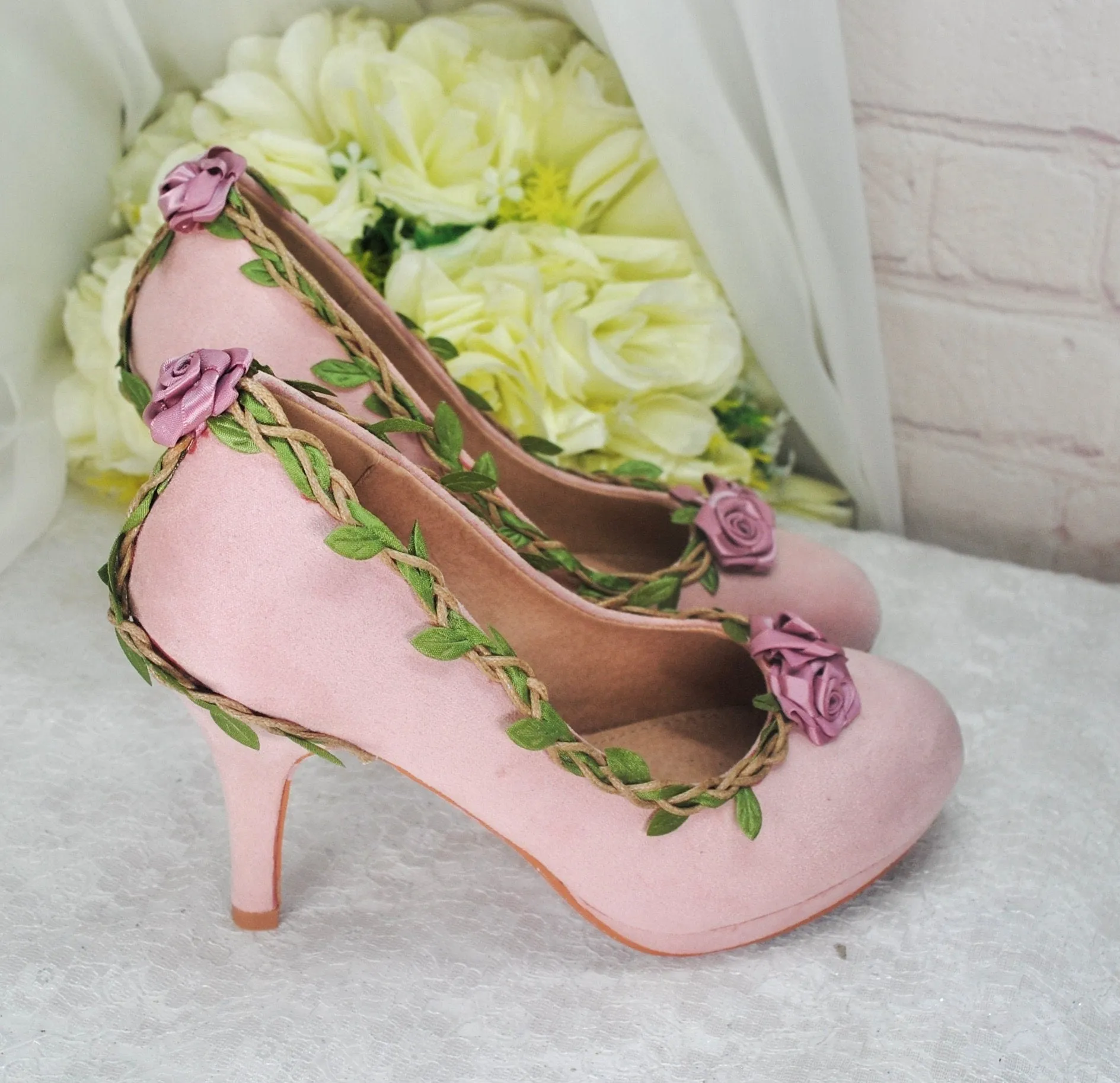 Blush Pink Suede Wedding Sandals with Rose Details- UK3/US5.5