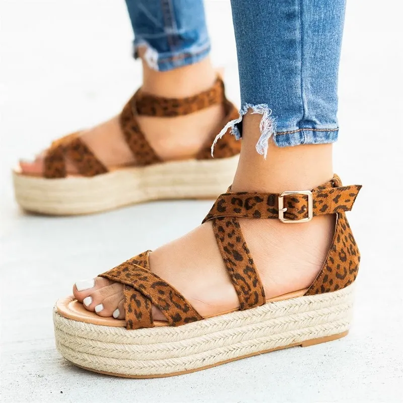 Chicvane Leopard Print Criss Cross Straps Espadrille Platform Sandals with Buckle
