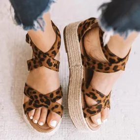 Chicvane Leopard Print Criss Cross Straps Espadrille Platform Sandals with Buckle