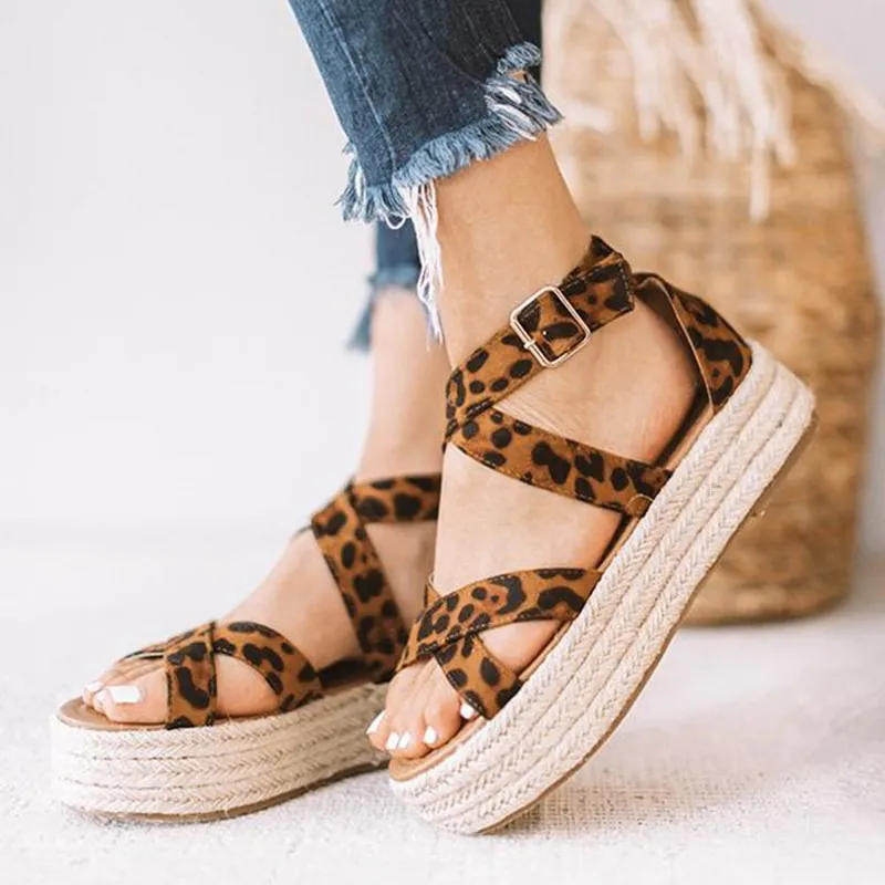 Chicvane Leopard Print Criss Cross Straps Espadrille Platform Sandals with Buckle