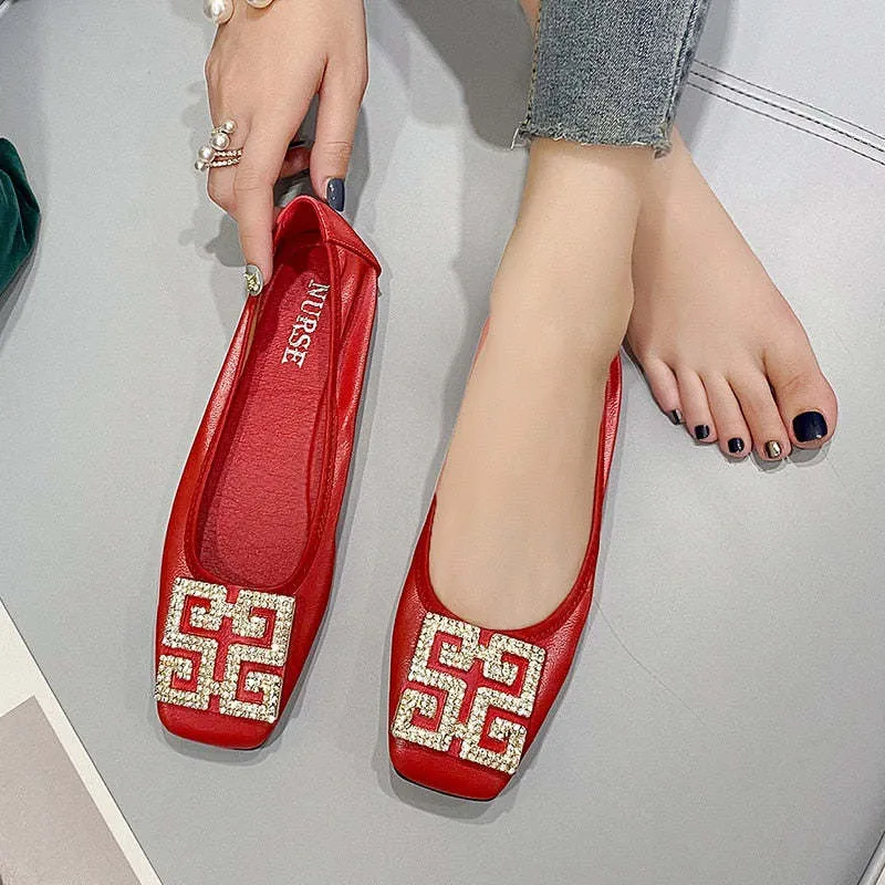 Comemore Leather Slip on Shoes for Women Ballet Flats Shallow Female Flat Shoe