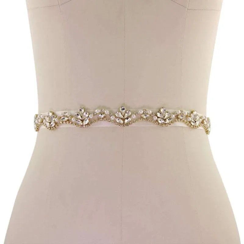 Crystal and Pearl Embellished Bridal Belt, Gold Wedding Dress Belt, Organza Sash 1931