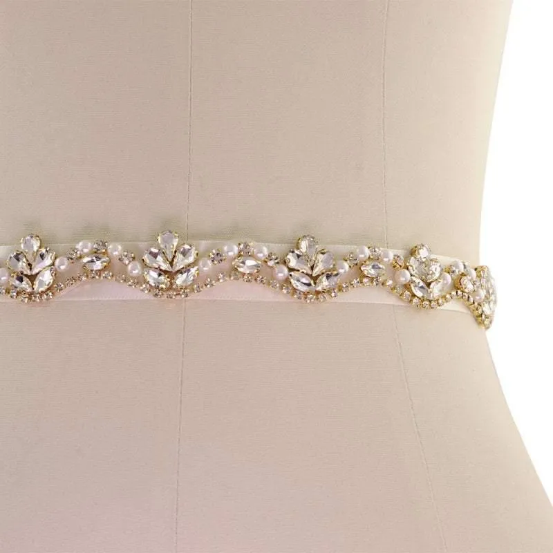 Crystal and Pearl Embellished Bridal Belt, Gold Wedding Dress Belt, Organza Sash 1931
