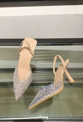 Crystal-Embellished Pointed-Toe Slingback Heels -Beige