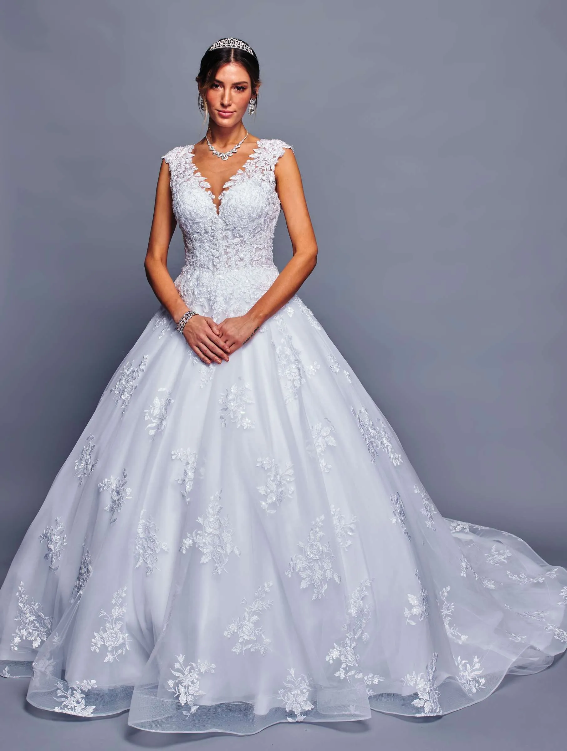 DeKlaire Bridal 480 Cap Sleeve Illusion V-Neck A-Line Wedding Ball Gown