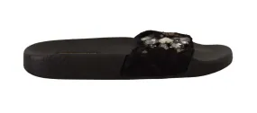 Dolce & Gabbana Black Lace Crystal Sandals Slides Beach Shoes