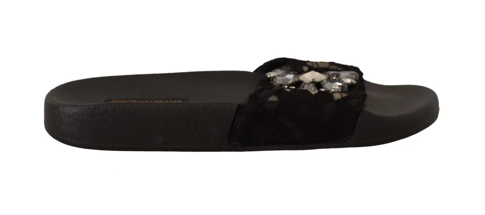 Dolce & Gabbana Black Lace Crystal Sandals Slides Beach Shoes