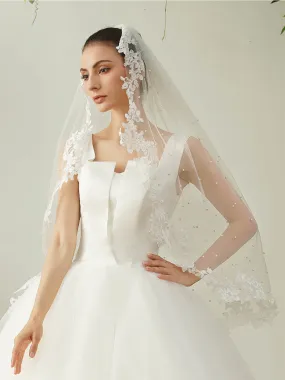 Elegant Pearl Lace Applique Edge Tulle Bridal Veil